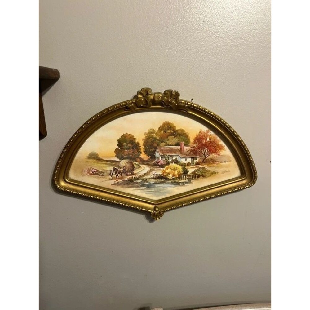 Homco Cottagecore Gold Fan with Bow wall decor